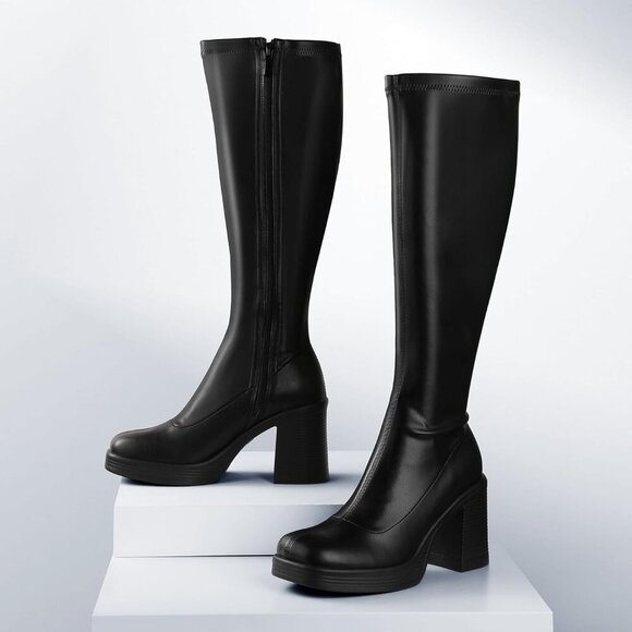 Knee High Platform Boots Women Chunky Heel Side Zipper Long Pu Size 8 Black - Picture 3 of 6